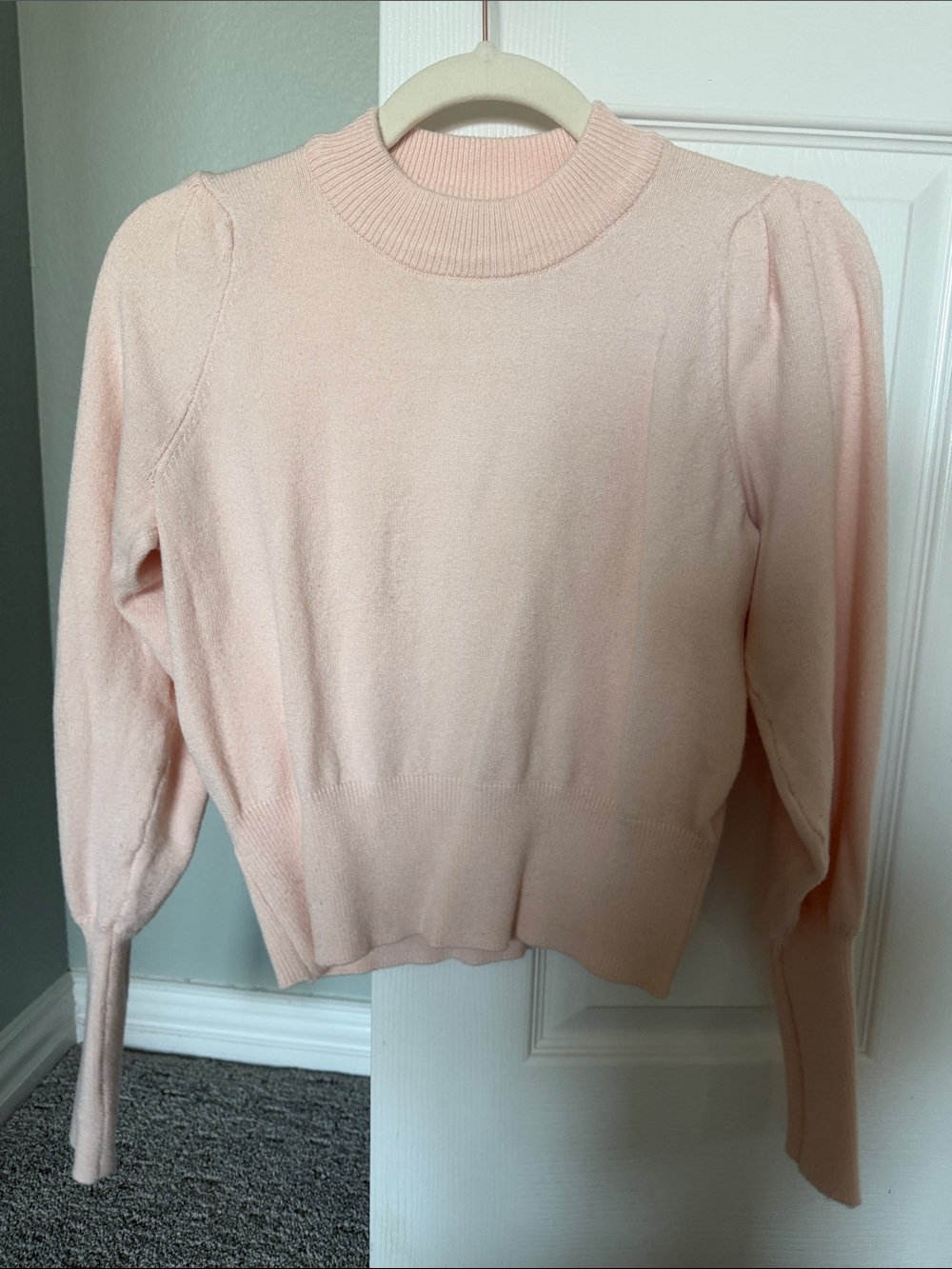 French Connection Light Pink Puff-Sleeve Mock Neck Sweater